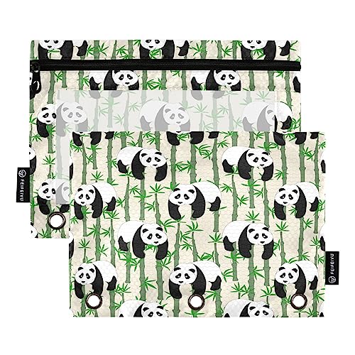 Quteprint Animal Panda Bambusbaum Federmäppchen für 3 Ringbücher, 2 Stück Reißverschluss Federmäppchen mit klarem Fenster, Bleistiftbeutel, Ordnertaschen, Organizer-Tasche für Büro, Zuhause, von Quteprint