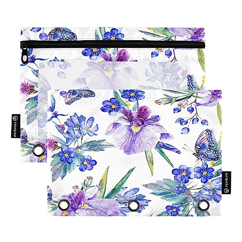 Quteprint Aquarell-Federmäppchen mit Iris Blättern und Schmetterlingen für 3-Ringbinder, 2 Stück Reißverschluss-Federmäppchen mit transparentem Fenster, Federmäppchen, Ordnertaschen, Organizer-Tasche von Quteprint