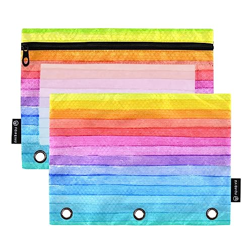 Quteprint Aquarell-Regenbogen-Streifen-Federmäppchen für 3-Ringbinder, 2 Stück Reißverschluss-Federmäppchen mit transparentem Fenster, Federmäppchen, Ordnertaschen, Organizer-Tasche für Büro, Zuhause, von Quteprint