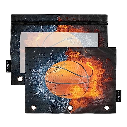 Quteprint Ball-Basketball-Sport-Federmäppchen für 3-Ringbinder, 2 Stück Reißverschluss-Federmäppchen mit transparentem Fenster, Federmäppchen, Ordnertaschen, Organizer-Tasche für Büro, Zuhause, von Quteprint