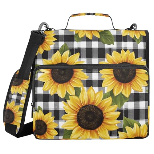 Quteprint Bindertasche mit Reißverschluss, Sonnenblumen, kariert, 3,8 cm, 3-Ringbuch und mehrere Taschen, 500 Blatt Kapazität, erweiterbarer Aktenordner mit Schultergurten und Griffen, für Schule von Quteprint