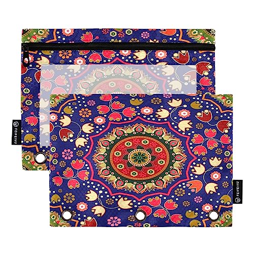 Quteprint Boho Floral Hippie Mandala Federmäppchen für 3 Ringordner, 2 Stück Reißverschluss Federmäppchen mit klarem Fenster, Bleistiftbeutel, Ordnertaschen, Organizer-Tasche für Büro, Zuhause, von Quteprint