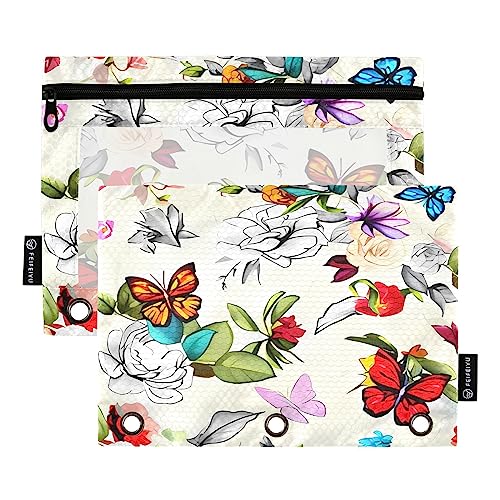 Quteprint Bunte Schmetterlinge Blumen Rosen Federmäppchen für 3 Ringordner, 2 Stück Reißverschluss Federmäppchen mit klarem Fenster, Federmäppchen Binder Taschen Organizer Fall für Büro Zuhause von Quteprint