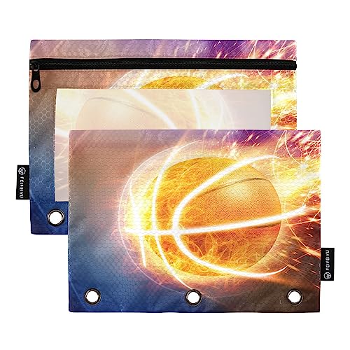 Quteprint Burning Basketball Sport Ball Pencil Pouch for 3 Ring Binder, 2 Pack Zipper Pencil Case with Clear Window, Pencil Bags Binder Pockets Organizer Case for Office Home Makeup Supplies von Quteprint