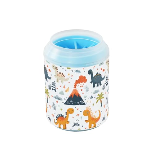 Quteprint Cartoon-Dinosaurier-Vulkanbaum-Hundepfoten-Reiniger-Becher – Haustier-Fußwascher mit weicher Silikonbürste, tragbarer schlammiger Pfotenreiniger für kleine, mittelgroße und große Rassen von Quteprint