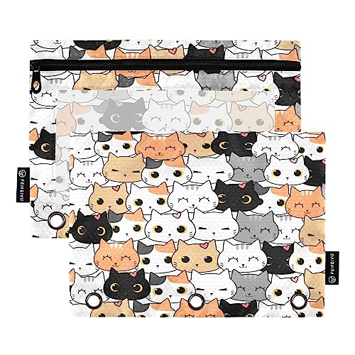 Quteprint Cartoon Tier Katze Kätzchen Federmäppchen für 3 Ringordner, 2 Stück Reißverschluss Federmäppchen mit klarem Fenster, Bleistifttaschen Binder Taschen Organizer Fall für Büro Zuhause Make-up von Quteprint