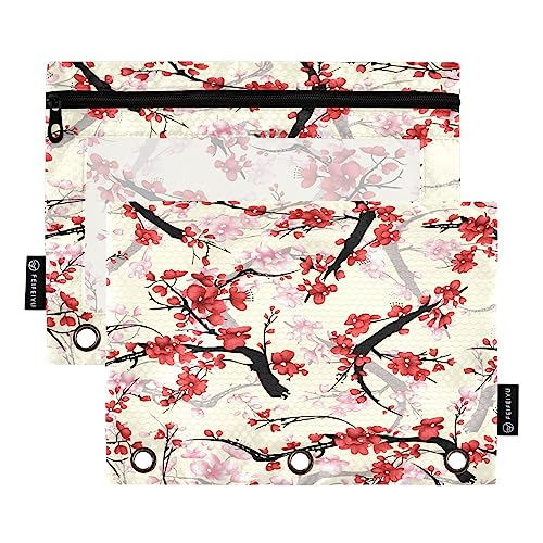 Quteprint Cherry Blossom Flower Japan Pencil Pouch for 3 Ring Binder, 2 Pack Zipper Pencil Case with Clear Window, Pencil Bags Binder Pockets Organizer Case for Office Home Makeup Supplies von Quteprint