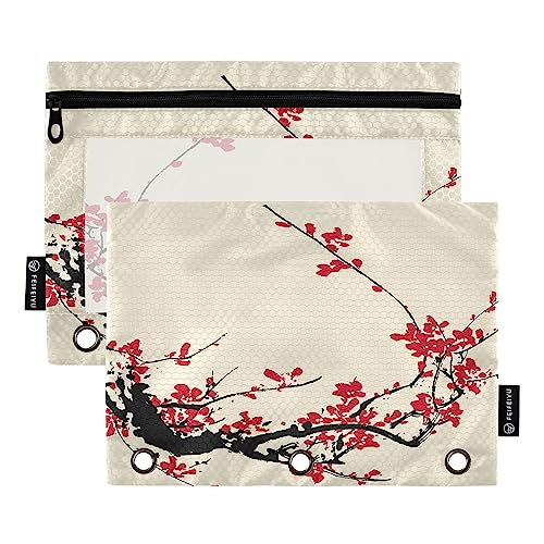 Quteprint Cherry Blossom Flower Pencil Pouch for 3 Ring Binder, 2 Pack Zipper Pencil Case with Clear Window, Pencil Bags Binder Pockets Organizer Case for Office Home Makeup Supplies von Quteprint