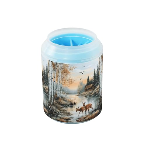 Quteprint Deers Lake Tree Hundepfotenreiniger-Becher – Haustier-Fußwascher mit weicher Silikonbürste, tragbarer schlammiger Pfotenreiniger für kleine, mittelgroße und große Rassen Hunde und Katzen von Quteprint