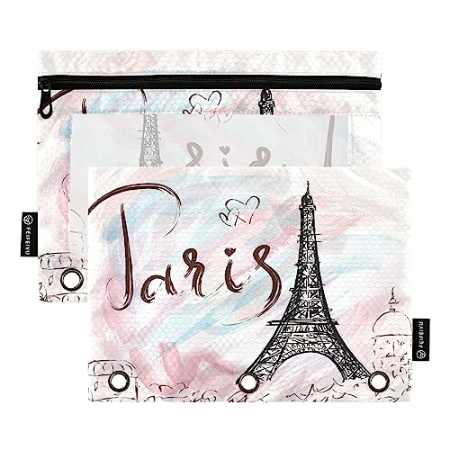 Quteprint Eiffelturm Paris Abstraktes Federmäppchen für 3-Ringbinder, 2 Stück Reißverschluss Federmäppchen mit transparentem Fenster, Bleistiftbeutel, Ordnertaschen, Organizer-Tasche für Büro, von Quteprint