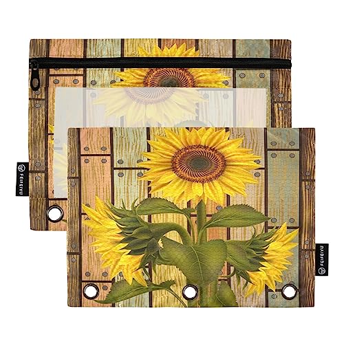 Quteprint Federmäppchen aus Holz mit Sonnenblumen-Blättern für 3-Ringbinder, 2 Stück Reißverschluss-Federmäppchen mit transparentem Fenster, Federmäppchen, Ordnertaschen, Organizer-Tasche für Büro, von Quteprint