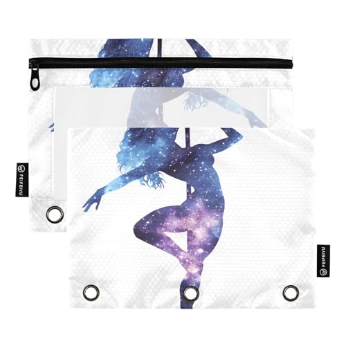 Quteprint Federmäppchen für 3-Ring-Ordner, Aquarell-Tänzerin, Galaxie-Stern, 2 Stück, Reißverschluss, Federmäppchen mit transparentem Fenster und verstärkten Ösen für Ordner, Federmäppchen, Organizer von Quteprint