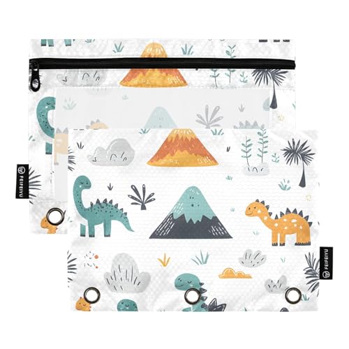 Quteprint Federmäppchen für 3-Ring-Ordner, Cartoon-Dinosaurier, Dino-Palmen, 2 Stück, Reißverschluss, Federmäppchen mit transparentem Fenster und verstärkten Ösen für Ordner, Federmäppchen, Taschen von Quteprint