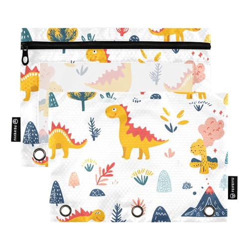 Quteprint Federmäppchen für 3-Ring-Ordner, Dinosaurier-Dino, niedliches Muster, 2 Stück, Reißverschluss, Federmäppchen mit transparentem Fenster und verstärkten Ösen für Ordner, Federmäppchen, Taschen von Quteprint