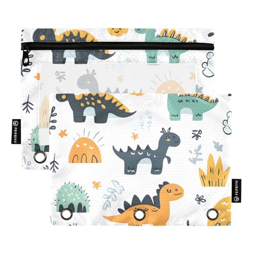 Quteprint Federmäppchen für 3-Ring-Ordner, Dinosaurier-Muster, niedliches Cartoon-Design, 2 Stück, mit Reißverschluss, mit transparentem Fenster und verstärkten Ösen für Ordner, Federmäppchen, Taschen von Quteprint