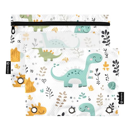 Quteprint Federmäppchen für 3-Ring-Ordner, Dinosaurier-Muster, niedliches Tier, 2 Stück, mit Reißverschluss, Federmäppchen mit transparentem Fenster und verstärkten Ösen für Ordner, Federmäppchen von Quteprint