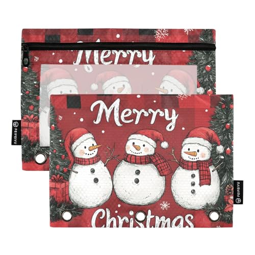 Quteprint Federmäppchen für 3-Ring-Ordner, Frohe Weihnachten, Schneemann-Baum, 2 Stück, Reißverschluss, Federmäppchen mit transparentem Fenster und verstärkten Ösen für Ordner, Federmäppchen, Taschen von Quteprint