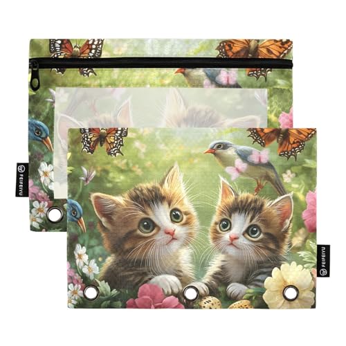 Quteprint Federmäppchen für 3-Ring-Ordner, Garten, Katzen, Schmetterling, Blumen, Vogel, 2 Stück, Reißverschluss, Federmäppchen mit transparentem Fenster und verstärkten Ösen für Ordner, Federmäppchen von Quteprint