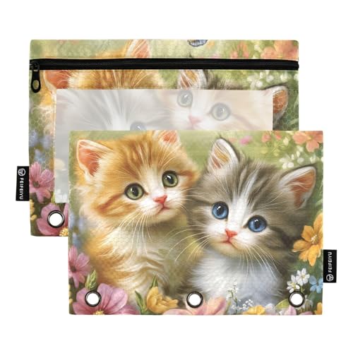 Quteprint Federmäppchen für 3-Ring-Ordner, Garten, Schmetterling, Blumen, niedliche Katzen, 2 Stück, Reißverschluss, Federmäppchen mit transparentem Fenster und verstärkten Ösen für Ordner von Quteprint