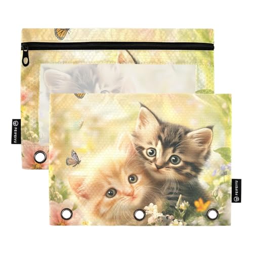 Quteprint Federmäppchen für 3-Ring-Ordner, Garten, niedliche Katzen, Schmetterling, Blumen, 2 Stück, Reißverschluss, Federmäppchen mit transparentem Fenster und verstärkten Ösen für Ordner von Quteprint