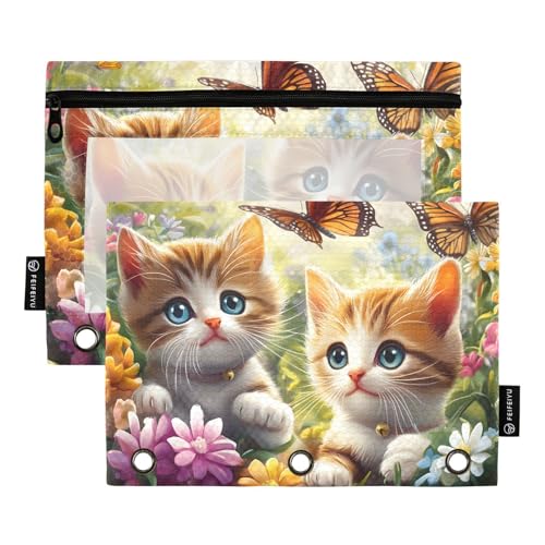 Quteprint Federmäppchen für 3-Ring-Ordner, Garten, niedliche Katzen, Schmetterling, Blumen, 2 Stück, Reißverschluss, Federmäppchen mit transparentem Fenster und verstärkten Ösen für Ordner von Quteprint