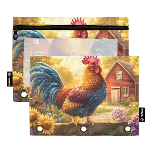 Quteprint Federmäppchen für 3-Ring-Ordner, Hahn, Sonnenblumen, 2 Stück, Reißverschluss, Federmäppchen mit transparentem Fenster und verstärkten Ösen für Ordner, Federmäppchen, Taschen, Organizer für von Quteprint