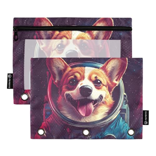 Quteprint Federmäppchen für 3-Ring-Ordner, Hunde-Astronauten-Stern-Weltraum, 2 Stück, mit Reißverschluss, mit transparentem Fenster und verstärkten Ösen für Ordner, Federmäppchen, Taschen, Organizer von Quteprint