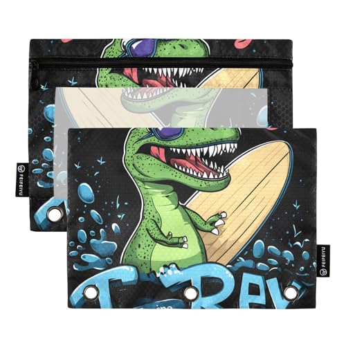 Quteprint Federmäppchen für 3-Ring-Ordner, Meer-Snowboard-Dinosaurier, 2 Stück, Reißverschluss, Federmäppchen mit transparentem Fenster und verstärkten Ösen für Ordner, Federmäppchen, Taschen von Quteprint