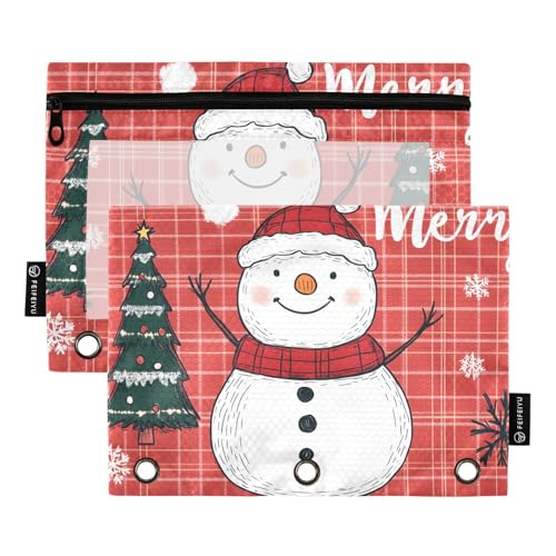Quteprint Federmäppchen für 3-Ring-Ordner, Motiv: Merry Christmas Tree Schneemann, kariert, 2 Stück, mit Reißverschluss, mit transparentem Fenster und verstärkten Ösen für Ordner, Federmäppchen von Quteprint