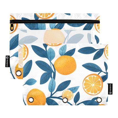 Quteprint Federmäppchen für 3-Ring-Ordner, Obst-Orangen-Baumblätter, 2 Stück, Reißverschluss, Federmäppchen mit transparentem Fenster und verstärkten Ösen für Ordner, Federmäppchen, Taschen, Organizer von Quteprint