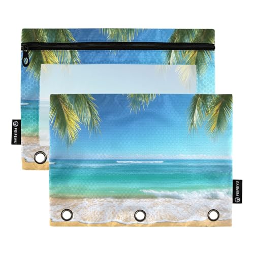 Quteprint Federmäppchen für 3-Ring-Ordner, Ozean-Meeres-Palme, 2er-Pack, Federmäppchen mit Reißverschluss, transparentes Fenster und verstärkte Ösen für Ordner, Federmäppchen, Taschen, Organizer für von Quteprint