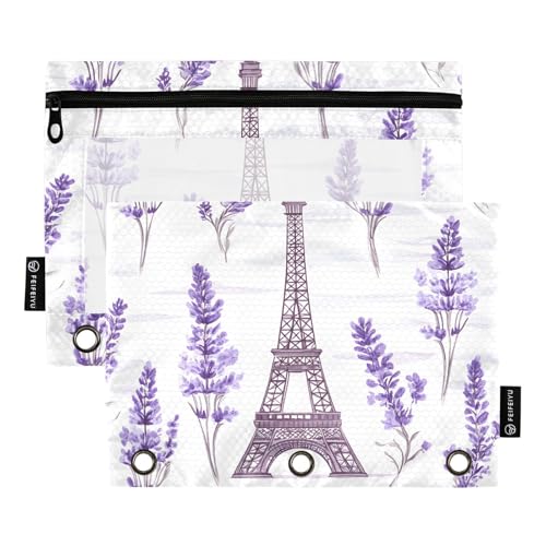 Quteprint Federmäppchen für 3-Ring-Ordner, Paris-Turm, Lavendelblüte, 2 Stück, mit Reißverschluss, mit transparentem Fenster und verstärkten Ösen für Ordner, Federmäppchen, Taschen, Organizer für Büro von Quteprint