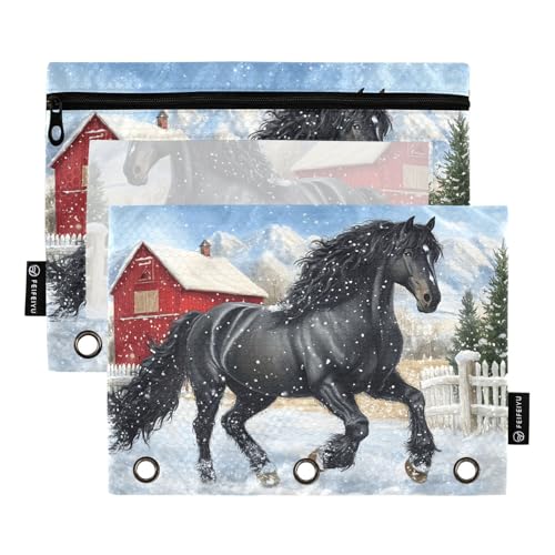 Quteprint Federmäppchen für 3-Ring-Ordner, Pferd, Winter, Weihnachten, Schnee, 2 Stück, Reißverschluss, Federmäppchen mit transparentem Fenster und verstärkten Ösen für Ordner, Federmäppchen, Taschen von Quteprint