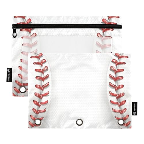 Quteprint Federmäppchen für 3-Ring-Ordner, Sport-Baseball-Nähte, Spitze, 2 Stück, Reißverschluss, Federmäppchen mit transparentem Fenster und verstärkten Ösen für Ordner, Federmäppchen, Taschen von Quteprint