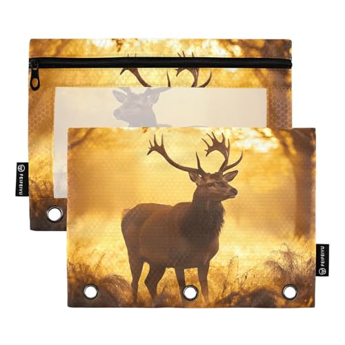 Quteprint Federmäppchen für 3-Ring-Ordner, Waldtiere, Hirschgeweih, 2 Stück, Reißverschluss, Federmäppchen mit transparentem Fenster und verstärkten Ösen für Ordner, Federmäppchen, Taschen, Organizer von Quteprint