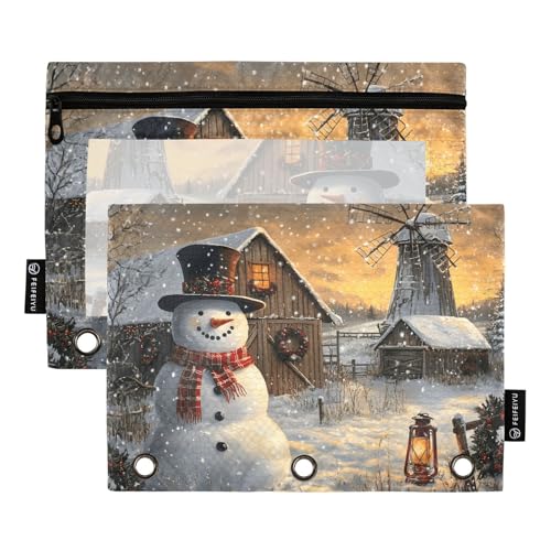 Quteprint Federmäppchen für 3-Ring-Ordner, Weihnachten, Winter, Schneemann, Mütze, Schal, 2 Stück, Reißverschluss, Federmäppchen mit transparentem Fenster und verstärkten Ösen für Ordner von Quteprint