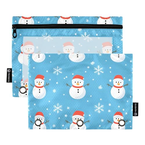 Quteprint Federmäppchen für 3-Ring-Ordner, Weihnachts-Schneemann, Schneeflocke, 2 Stück, Reißverschluss, Federmäppchen mit transparentem Fenster und verstärkten Ösen für Ordner, Federmäppchen, Taschen von Quteprint