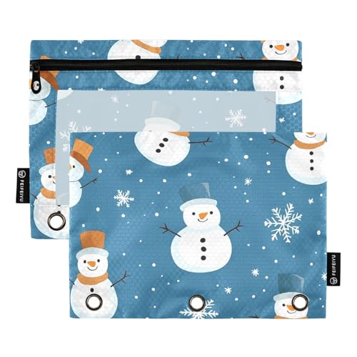 Quteprint Federmäppchen für 3-Ring-Ordner, Weihnachts-Schneemann-Schneeflocken-Muster, 2 Stück, Reißverschluss-Federmäppchen mit transparentem Fenster und verstärkten Ösen für Ordner, Federmäppchen von Quteprint