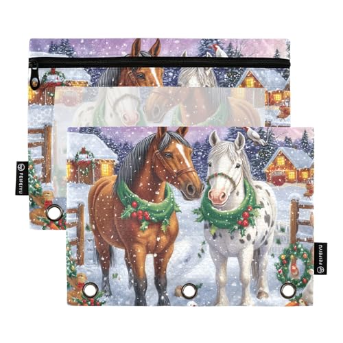 Quteprint Federmäppchen für 3-Ring-Ordner, Winter-Weihnachts-Pferde-Kaninchen, 2 Stück, Reißverschluss, Federmäppchen mit transparentem Fenster und verstärkten Ösen für Ordner, Federmäppchen, Taschen von Quteprint