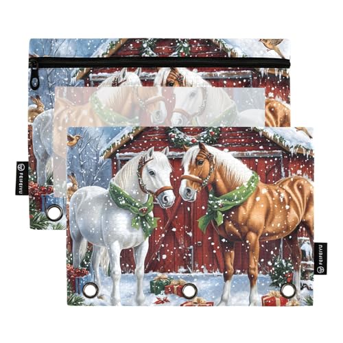 Quteprint Federmäppchen für 3-Ring-Ordner, Winter-Weihnachts-Pferdevögel, 2 Stück, Reißverschluss, Federmäppchen mit transparentem Fenster und verstärkten Ösen für Ordner, Federmäppchen, Taschen von Quteprint