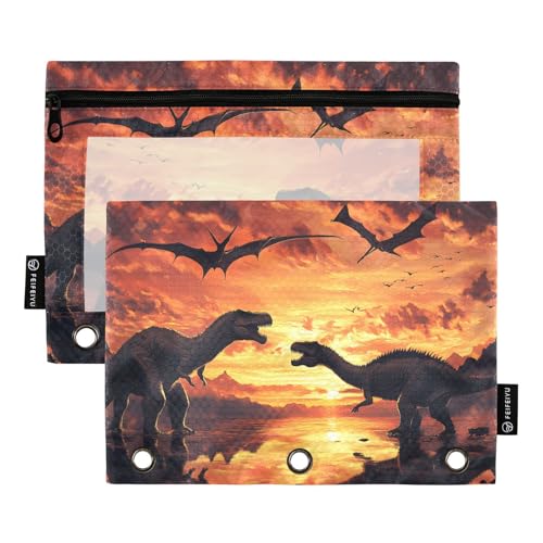Quteprint Federmäppchen für 3-Ring-Ordner, afrikanische Tier-Dinosaurier, 2 Stück, mit Reißverschluss, mit transparentem Fenster und verstärkten Ösen für Ordner, Federmäppchen, Taschen, Organizer für von Quteprint