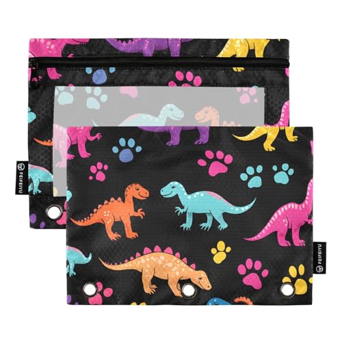 Quteprint Federmäppchen für 3-Ring-Ordner, bunte Dinosaurier, Pfotenabdruck, 2 Stück, Reißverschluss, Federmäppchen mit transparentem Fenster und verstärkten Ösen für Ordner, Federmäppchen, Taschen von Quteprint