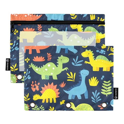 Quteprint Federmäppchen für 3-Ring-Ordner, bunte Tier-Dinosaurier, 2 Stück, Reißverschluss, Federmäppchen mit transparentem Fenster und verstärkten Ösen für Ordner, Federmäppchen, Taschen, Organizer von Quteprint