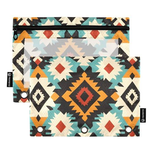Quteprint Federmäppchen für 3-Ring-Ordner, buntes Azteken-Ethno-Muster, 2 Stück, mit Reißverschluss, mit transparentem Fenster und verstärkten Ösen für Ordner, Federmäppchen, Taschen, Organizer für von Quteprint