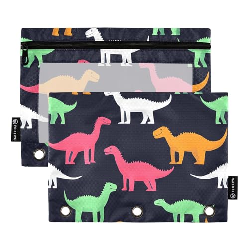 Quteprint Federmäppchen für 3-Ring-Ordner, buntes Dinosaurier-Tiermuster, 2 Stück, mit Reißverschluss, Federmäppchen mit transparentem Fenster und verstärkten Ösen für Ordner, Federmäppchen, Taschen von Quteprint