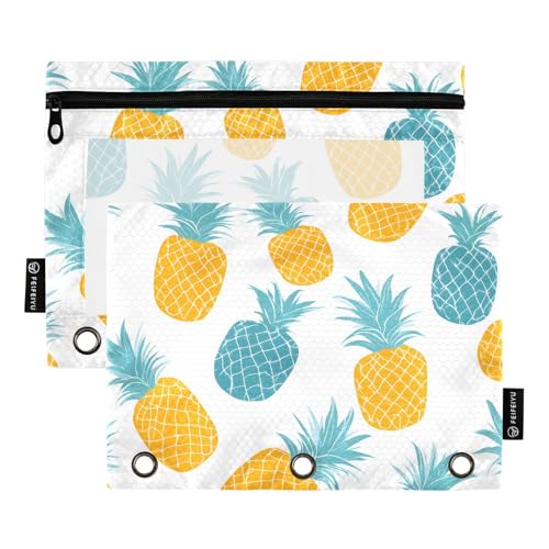 Quteprint Federmäppchen für 3-Ring-Ordner, gelbes Blaugrün, Ananas, 2 Stück, mit Reißverschluss, mit transparentem Fenster und verstärkten Ösen für Ordner, Federmäppchen, Taschen, Organizer für Büro von Quteprint