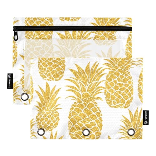 Quteprint Federmäppchen für 3-Ring-Ordner, goldener Glitzer-Ananas, 2 Stück, Reißverschluss, Federmäppchen mit transparentem Fenster und verstärkten Ösen für Ordner, Federmäppchen, Taschen, Organizer von Quteprint