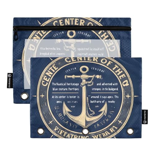Quteprint Federmäppchen für 3-Ring-Ordner, nautischer Anker, 2 Stück, Reißverschluss, Federmäppchen mit transparentem Fenster und verstärkten Ösen für Ordner, Federmäppchen, Taschen, Organizer für von Quteprint