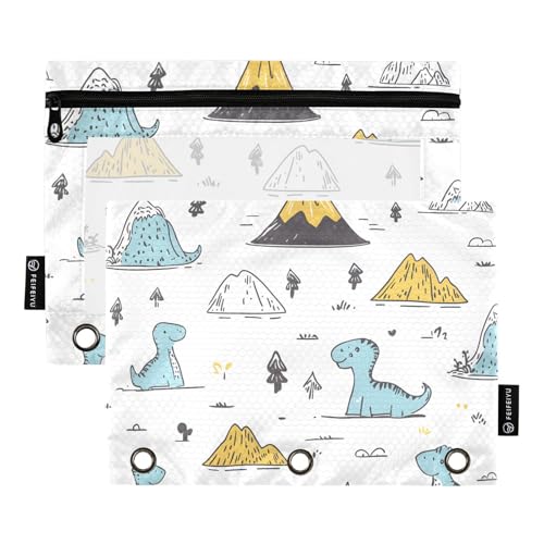 Quteprint Federmäppchen für 3-Ring-Ordner, niedliche Cartoon-Dinosaurier, 2 Stück, Reißverschluss, Federmäppchen mit transparentem Fenster und verstärkten Ösen für Ordner, Federmäppchen, Taschen von Quteprint