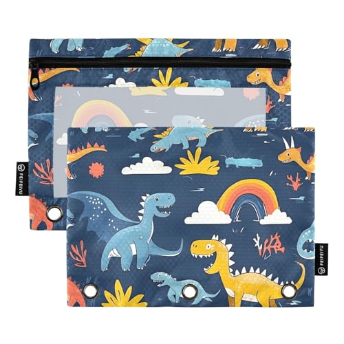 Quteprint Federmäppchen für 3-Ring-Ordner, niedliche Cartoon-Dinosaurier, 2 Stück, Reißverschluss, Federmäppchen mit transparentem Fenster und verstärkten Ösen für Ordner, Federmäppchen, Taschen von Quteprint